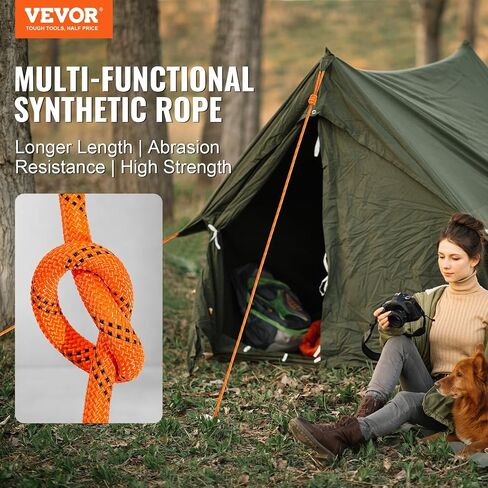 VEVOR Double Braided Polyester Rope, 1/2 in x 120 ft, 48 Strands, 8000 LBS Breaking Strength Outdoor Rope, Arborist Rigging Rope for Rock Hiking Camping Swing Rappelling Rescue, Orange/Black in Saudi Arabia