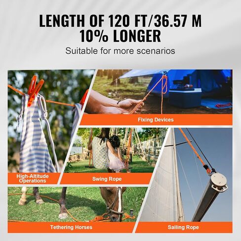 VEVOR Double Braided Polyester Rope, 1/2 in x 120 ft, 48 Strands, 8000 LBS Breaking Strength Outdoor Rope, Arborist Rigging Rope for Rock Hiking Camping Swing Rappelling Rescue, Orange/Black in Saudi Arabia