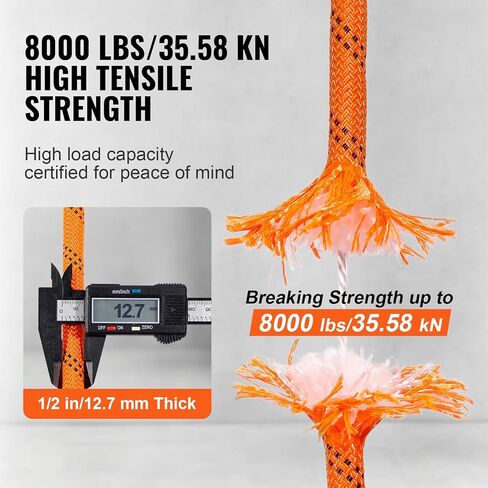 VEVOR Double Braided Polyester Rope, 1/2 in x 120 ft, 48 Strands, 8000 LBS Breaking Strength Outdoor Rope, Arborist Rigging Rope for Rock Hiking Camping Swing Rappelling Rescue, Orange/Black in Saudi Arabia
