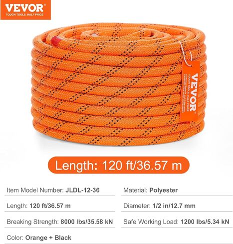 VEVOR Double Braided Polyester Rope, 1/2 in x 120 ft, 48 Strands, 8000 LBS Breaking Strength Outdoor Rope, Arborist Rigging Rope for Rock Hiking Camping Swing Rappelling Rescue, Orange/Black in Saudi Arabia