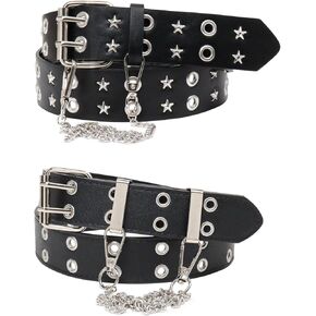 Studded Belt, Y2K Belt with Chain Star Belt Black Belt Women Goth Belt Punk Double Grommet Belt for Women Men