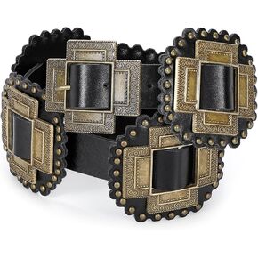 Women Western Concho Belt Leather Cowgirl Wide Boho Belt for Dresses Jeans
