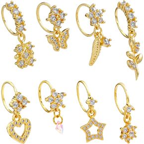 8pcs Dangle Nose Rings - Gold Butterfly Star Heart Cz Flower Leaf Dangly Nose Hoops 20g Surgical Steel Cartilage Earring Piercing Jewelry