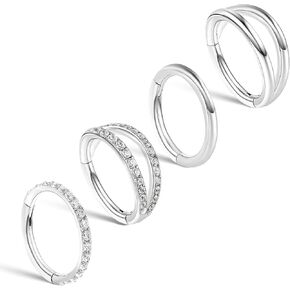 4 Pcs Septum Clicker 18g Septum Nose Rings For Women Daith Piercing Jewelry Surgical Steel 8mm Cz Double Hoop Hinged Cartilage Double Hoops Nose Ring Lip Helix Rook Tragus Piercing Jewelry