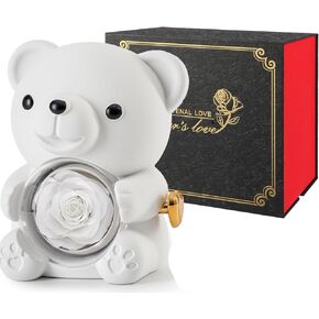 Cute Teddy Bear with Forever Preserved Real Rose,Eternal Flowers Elegant Rose Box with Teddy Bear Gift Card, Romantic Gift for Her in Valentine's Day, Mother's Day,Weddings