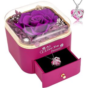 Birthday Gifts for Women,Preserved Flowers Rose Gift for Mom Wife Girlfriend, Jewelry Box with Necklace,I Love You Forever Flower Rose Gifts for Anniversary Day(Purple)