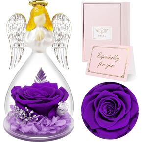 Sunia Preserved Rose Angel Figurine with Real Forever Flowers, Birthday Gift for Mom, Women, Grandma (Purple)