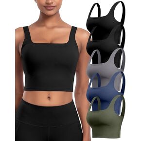 Womens Sports Bras 5 Packs - Square Neck Longline Workout Crop Tank Tops Padded Yoga Camisole with Built in Pads