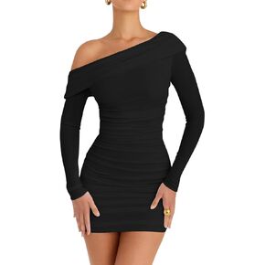 Lcnba المرأة مثير واحد شبك الكتف طويل الأكمام طويلة Ruched Bodycon Club Party Mini Dress
