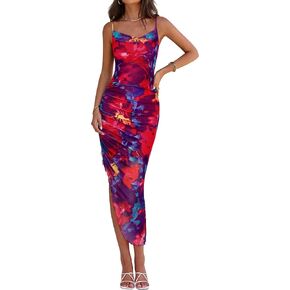PRETTYGARDEN Women 2025 Summer Mesh Dress Spaghetti Strap Cowl Neck Print Ruched Bodycon Dresses Asymmetrical Long Dress