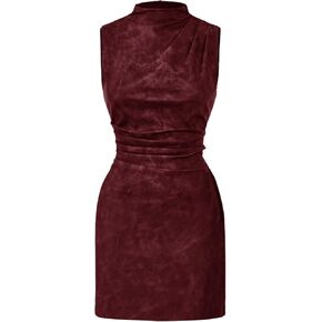 Women's PU Leather Ruched Bodycon Dresses Mock Neck Sleeveless Zipper Mini Tank Dress