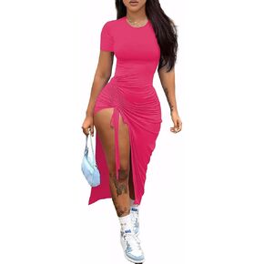 Nimsruc Women Sexy Summer Dresses Short Sleeve Thigh-high Slit Ruched Bodycon Maxi Club Cocktail Party Dress