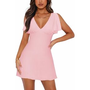 Women's Sexy Deep V-Neck Ruffle Sleeve Mini Dresses Summer Casual Bodycon Beach Cocktail Party Club Short Dress