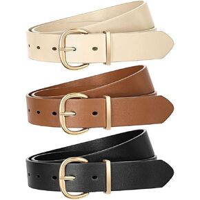 JASGOOD 3 Pack Women Leather Belt for Jeans Pants Gold Buckle Casual Waist Dresses Belt for Ladies