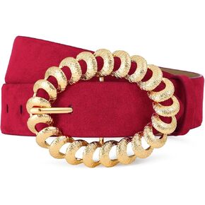 Leather Belts for Women Stylish Suede Burgundy Red Belt with Gold Buckle Elegant Dress Belt Women