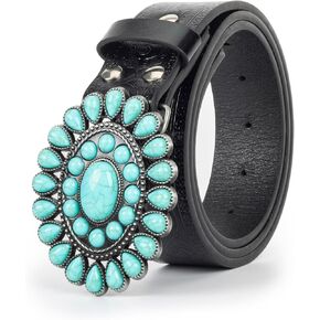 Black Western Vintage Turquoise Belts for Women Men, Embossed PU Leather Country Retro Cowgirl Belts with Big Buckle for Jeans Dresses Pants