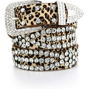 Rhinestone Studded Western Leather Belt for Women Vintage Cowgirl Bling Waist Belts for Jeans Dresses