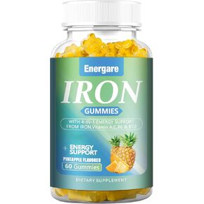 1 Pack Vegan 100Mg Iron Supplement Gummies for Women & Men - Vitamin A, C, B - Energy Support for Iron Deficiency, Anemia, Adults ＆Children, Pineapple Flavor Gummy, 60 Counts