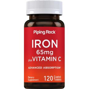 Piping Rock Iron Supplement 65 mg with Vitamin C | 120 Tablets | Advanced Absorption | Vegetarian, Non-GMO and Gluten Free