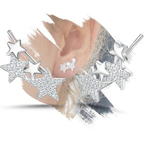 Sterling Silver Star Earrings for Women - Hypoallergenic Cubic Zirconia Stars Ear Climber Earrings Sparkle Star-Shaped Earrings Gifts for Christmas Birthday