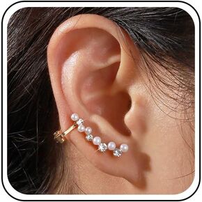 Andelaisi Boho Crystal Pearl Cuff Earrings Gold Rhinestone Pearl Cuff Wrap Earrings Vintage Pearl Wrap Crawler Earrings Sparkly Cz Pearl Crawler Climber Earrings Jewelry for Women