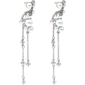 Pearl Ear Cuffs Earrings for Women Non Piercing Faux Pearl Tassel Earrings Cubic Zirconia Dangle Earrings Statement Jewelry Gift