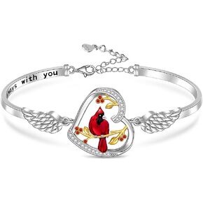 Red Cardinal Gifts Cardinal Bracelet for Women Cardinal Bracelets Loss of Loved One Sterling Silver Angel Wing Bangle Heart Jewelry Memorial Bird Charms