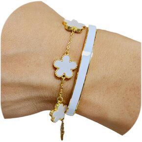 Gold Bracelets for Women 2Pcs Stackable Gold Bracelet 18K Gold Plated Enamel Bangle Floral Bracelet Set Trendy Gifts for Women