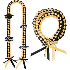 Haull 2025 Graduation Ribbon Lei Class of 2025 Braided Necklace Handmade Charm Graduation Gift for High School College Grad Party Black and Gold (Black and Gold)