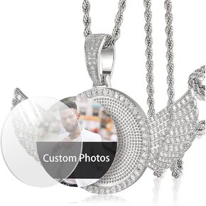 YIMERAIRE Personalized Hip Hop Memory Pendant Necklace Custom Picture Blank Pendant Charm Iced Out Round Angel Wings Rhinestone Pendant Trays Necklace with Rope Chain for Women and Men
