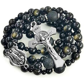 Saint Michael the Archangel Gold Sheen Obsidian Rosary Necklace,rosary beads catholic for men,Handmade of rosarios catolicos Cross Necklace Catholic Gifts