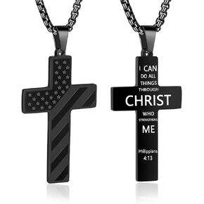 American Flag Cross Necklace for Men.Father's Day Cross Necklace Gifts for Husband Dad Grandpa Son.Graduation Birthday Gifts.Stainless Steel Bible Verse Flag Pendant Necklaces
