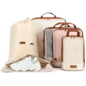6 Set Compression Packing Cubes for Travel, Lightweight Expandable Organizer with Laundry and Shoe Bag, Luggage Suitcase Accessories, Travel Essentials for Cruise Trips Beige