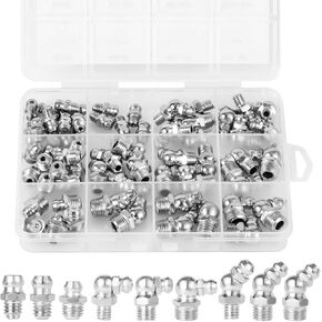 60pcs Grease Fittings, M6 90° M8 180° M10 45° Grease Degree Fitting Assortment 9 Types for Lubrication and Maintenance Metric Grease Fitting Kits for Grease Gun Mechanical Lubrication