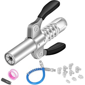 Grease Gun Coupler with 12" Grease Gun Hose & 9 Grease Nipple Nozzles & Zerk Fitting Cleaner, Strong Lock and Quick Release,Compatible with all Grease Gun 1/8"NPT Fitting, Rated 10000PSI