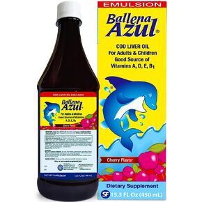 Ballena Azul Aceite de Hígado de Bacalao Para para niños ، زيت كبد سمك القد للبالغين والأطفال ، الفيتامينات A ، D ، E ، B1 ، المكملات الغذائية ، أوميغا 3 ، إينمون.