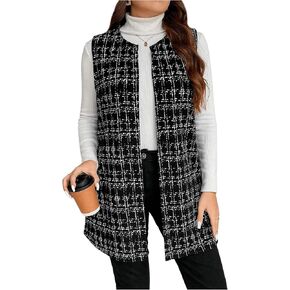 MakeMeChic Women's Plus Size Blazer Vest Plaid Open Front Sleeveless Work Outerwear Jacket