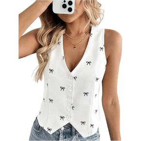 Makemechic Women’s Bow V Buncn Button أسفل سترة صدرية بلا أكمام