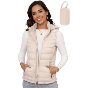 SLOW DOWN Womens Lightweight Puffer Vest, Womens Winter Packable Vest, Womens Puffy Vest with Removable Hood and Zip Pockets