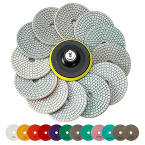 14-Piece Diamond Polishing Pads Set, Wet/Dry Quartz Polishing Kit, Granite, Stone, Concrete, Marble, Tile Polishing Pads for Grinder, 4-Inch, 100-10000 Grit with Hook & Loop Backer and Drill Adapter