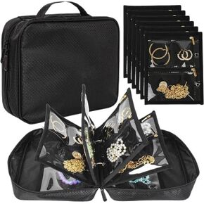 Black Travel Jewelry Organizer Case,Jewelry Bags Jewelry Storage Book Binder with Clear Zipper Velvet Pouch for Traveling,Earrings, Rings, Necklace, Bracelet