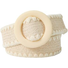Women's Stretch Braided Belt Elastic Rattan Holeless O Ring Buckle Bohemian Summer Chunky Raffia Belt for Dress