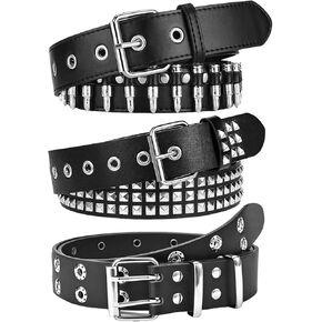 Black Studded Belt Y2K Belt 3 PCS Cool Belts Gothic Punk Rock Belt with Grommet Threads Bright Metal Pyramid for Women Men