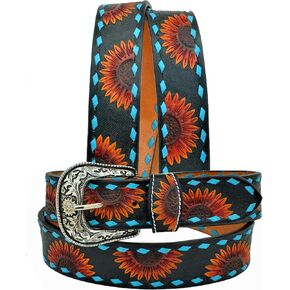 Western Tooled Hand Finished Sunflower and Buckstitch Leather Belt For Men and Women 30AB119