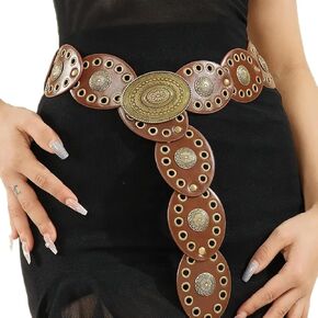 Vintage Western Leather Belt for Women - Wide Cowgirl Waist Belt with Concho Buckle - Boho Style Belt for Jeans & Dress