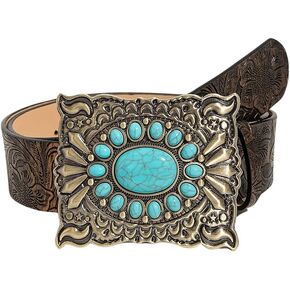 GORGLITTER Women's Western Belts Turquoise Cowgirl Counrty Concho Buckle Belts Vintage Bohemian