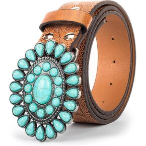 Women Men Country Western Turquoise Belts, Embossed PU Leather Retro Cowgirl Belts for Jeans Dresses Pants
