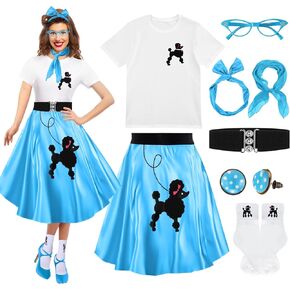8 Pcs Women 50s Poodle Skirt Outfit 1950s Dress Sock Hop Shirt Grease Costume Halloween Party Accessory