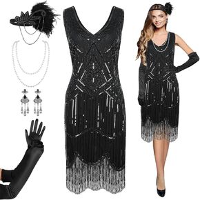 1920s Women Flapper Dress Great Gatsbys V Neck Fringed Sequin Dress with Roaring 20s Costumes Accessories