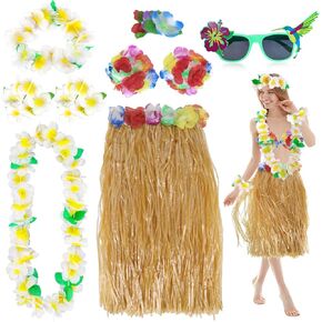 PHOGARY 8 Pack Hula Skirt Costume Kit for Tropical Hawaii Luau Party, Dancing Hula with Flower Bikini Top,80 cm